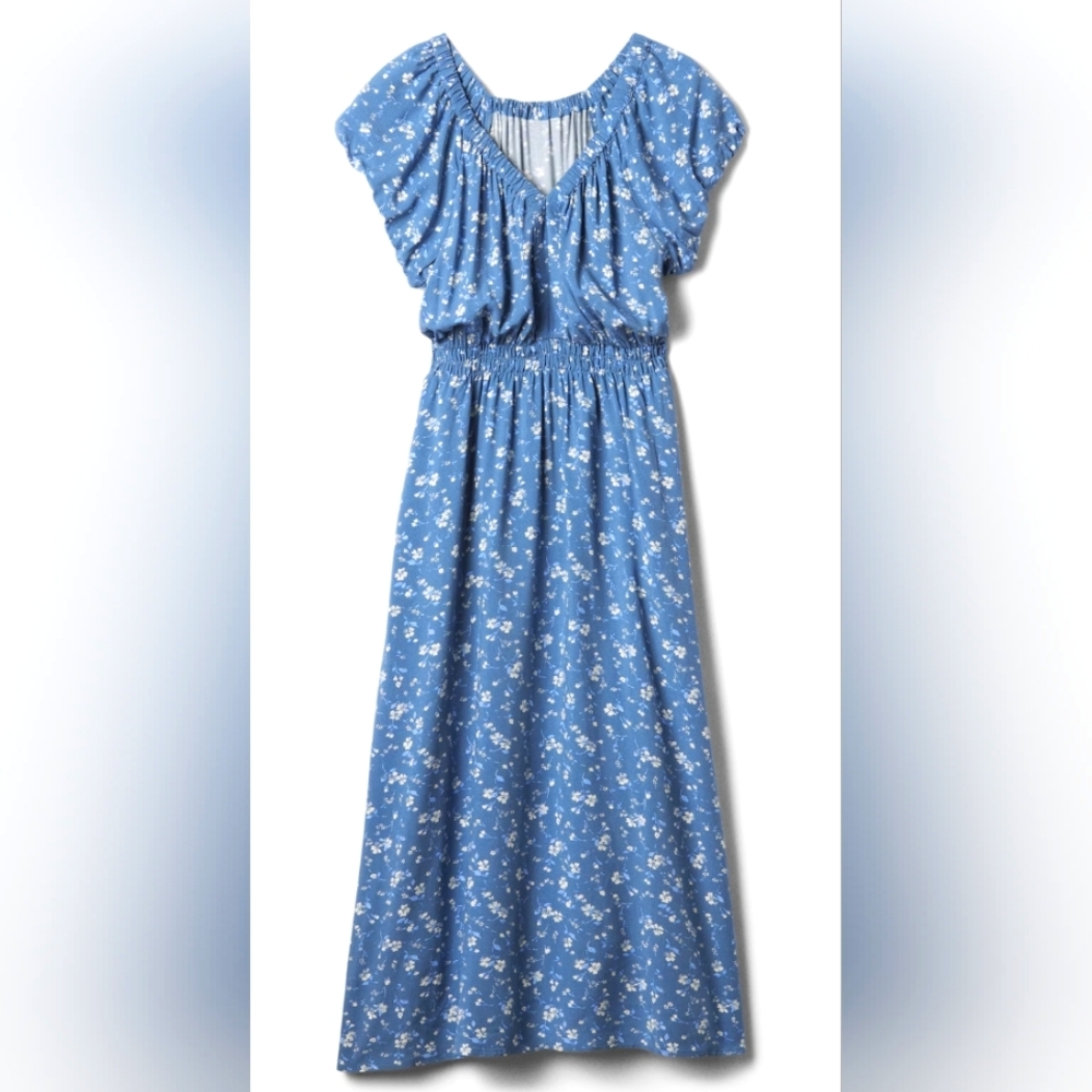 💙🩵GAP Floral Print Puff Midi Dress Prairie Cottage Blue XXL